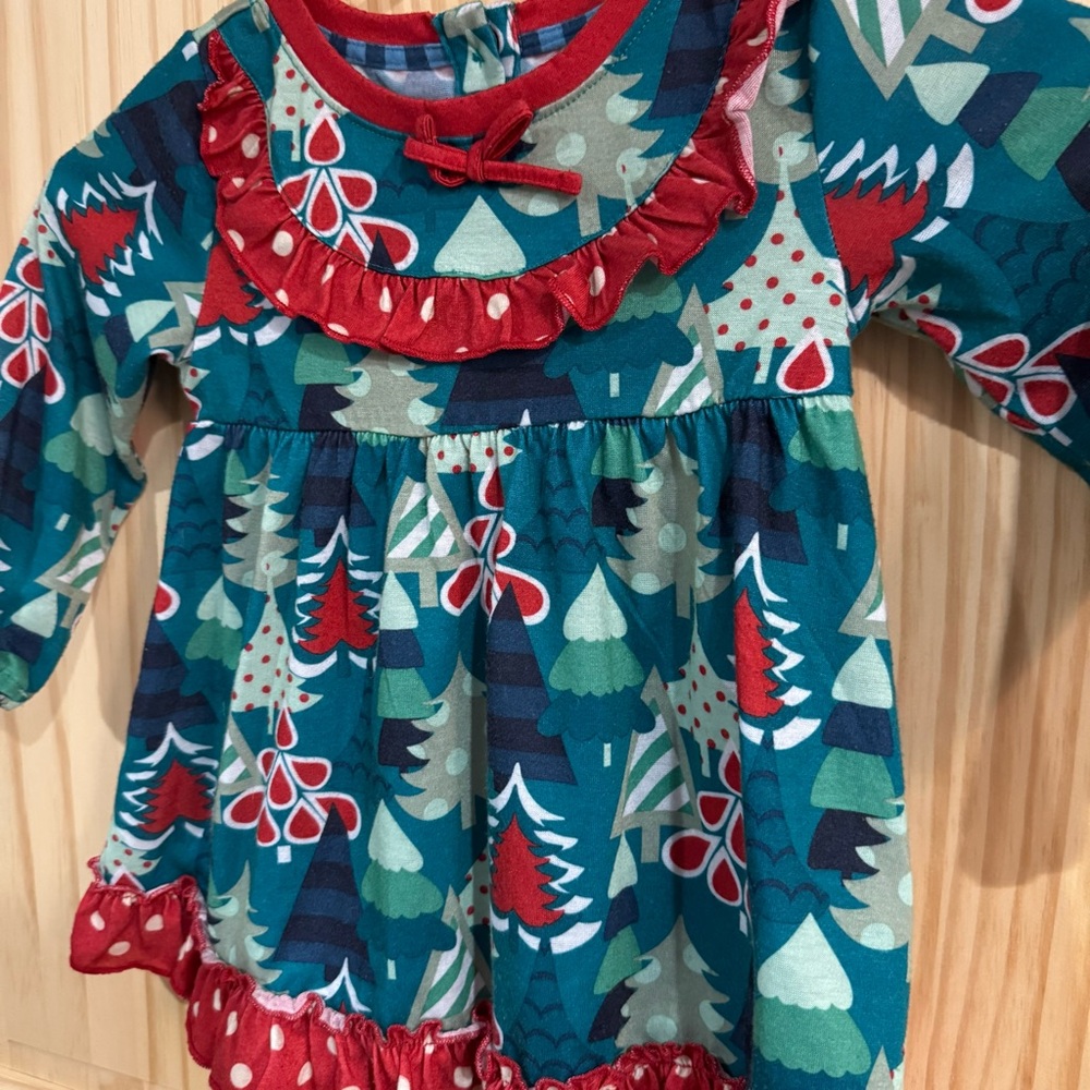 Matilda Jane Girls Christmas Tree Print Ruffle Dress Teal Red 28028P Size‎ 2